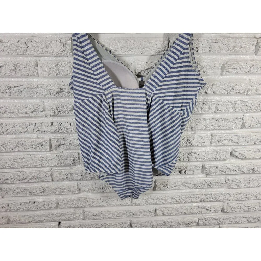 Time Tru Womens Swimsuit 1X Plus One Piece Blue Stripe Plunge Bra STR153E